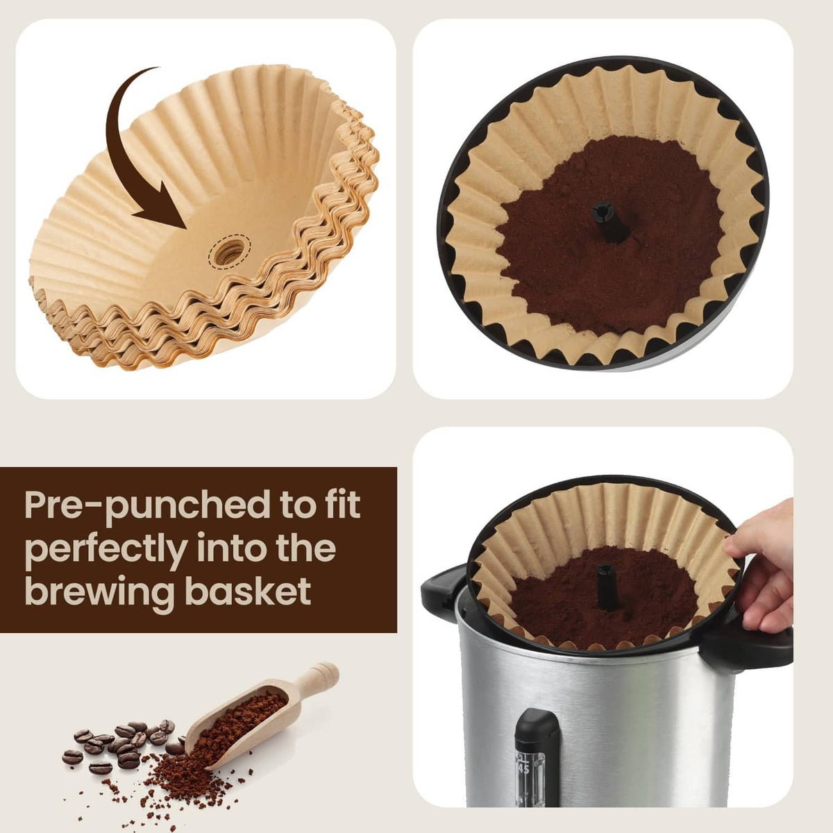 Set of large light-tan pre-punched coffee filters for brewing basket fit