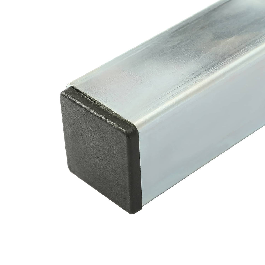 Silver metal guide rail end cap with dark foam bumper pad