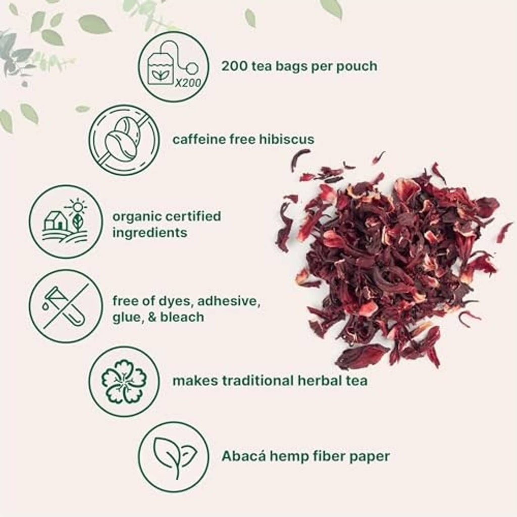 Organic hibiscus tea bags pouch with icons and dried hibiscus flower pieces