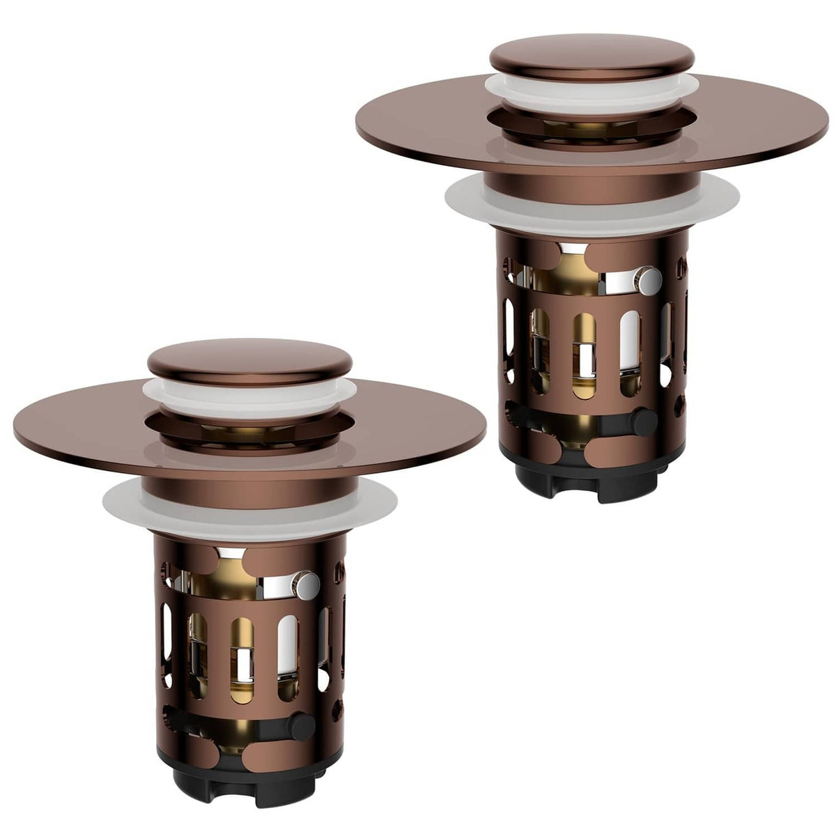 Rose gold pop-up sink drain strainer stopper, circular top and basket insert