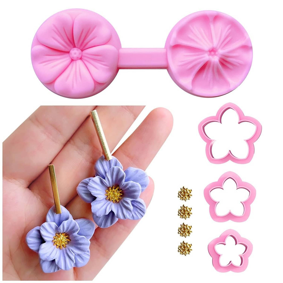 Keoker flower petal polymer clay cutter set with pink handles and small flower molds