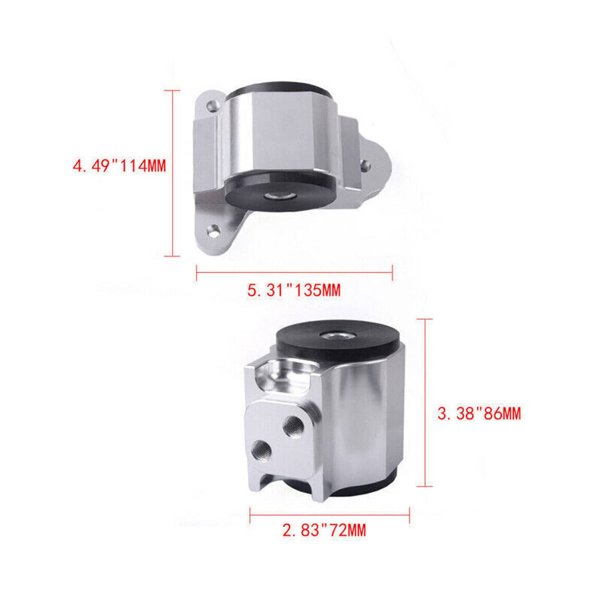Aluminum engine motor mount assembly with black rubber bushing