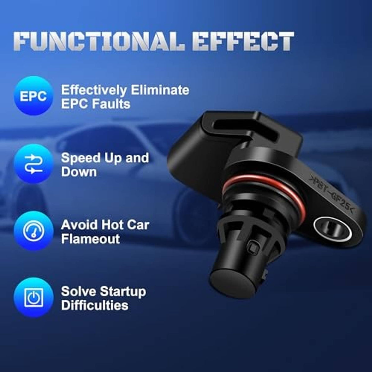 Black camshaft position sensor with red seal ring and electrical connector port