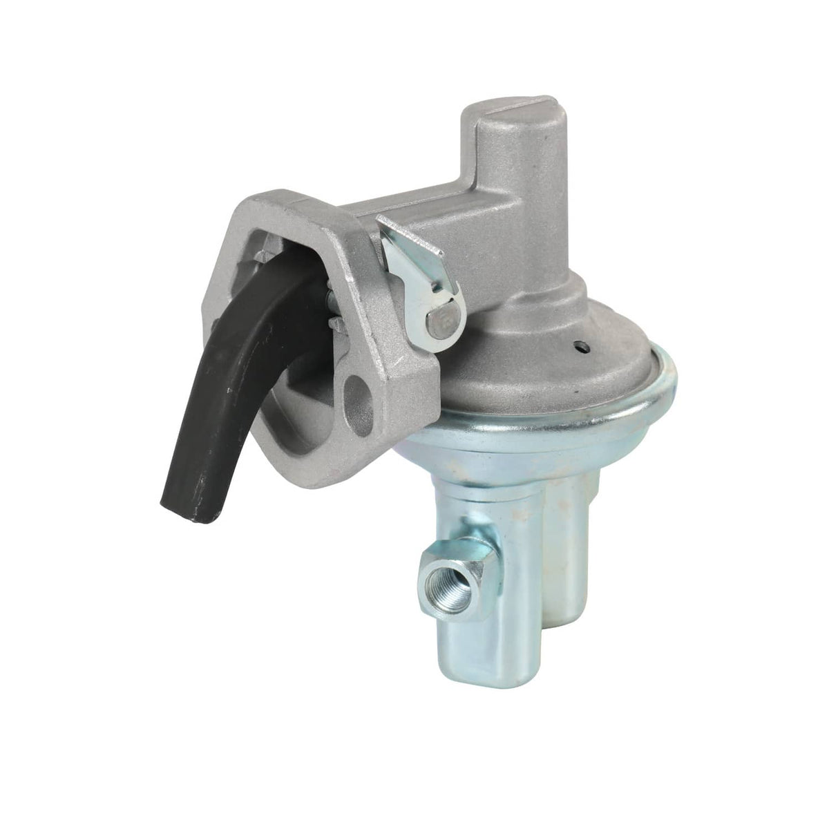 Fuel lift transfer pump with black lever guard, circular diaphragm top, and mounting bracket