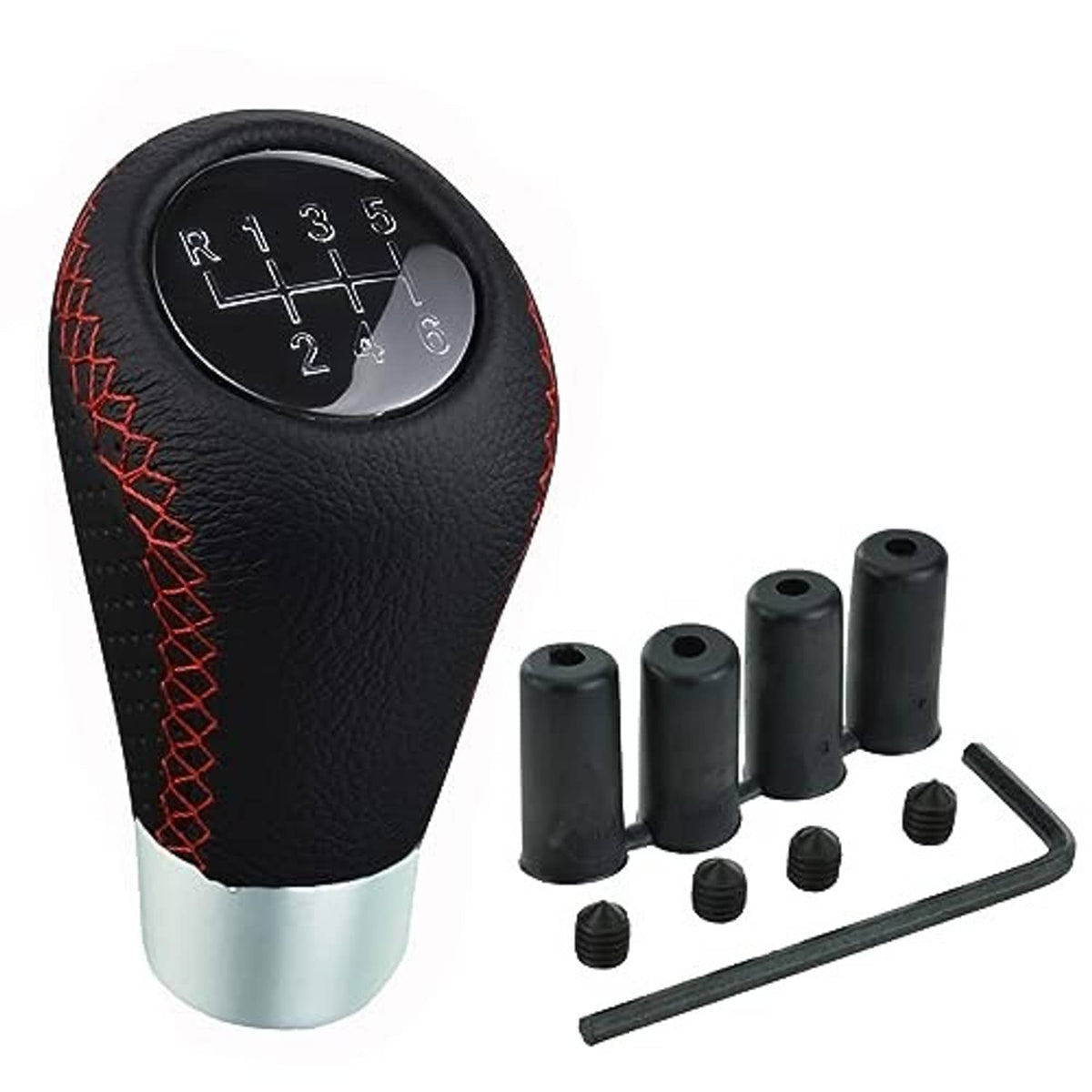 Leather 6-speed shift knob in black with red stitching and silver base, with included parts