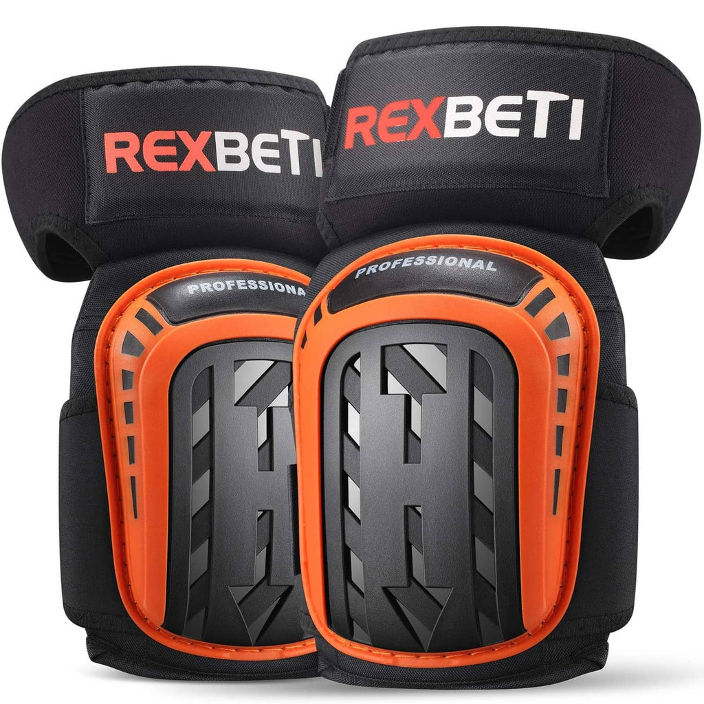 Black and orange heavy-duty knee pads with molded protective shell and orange straps