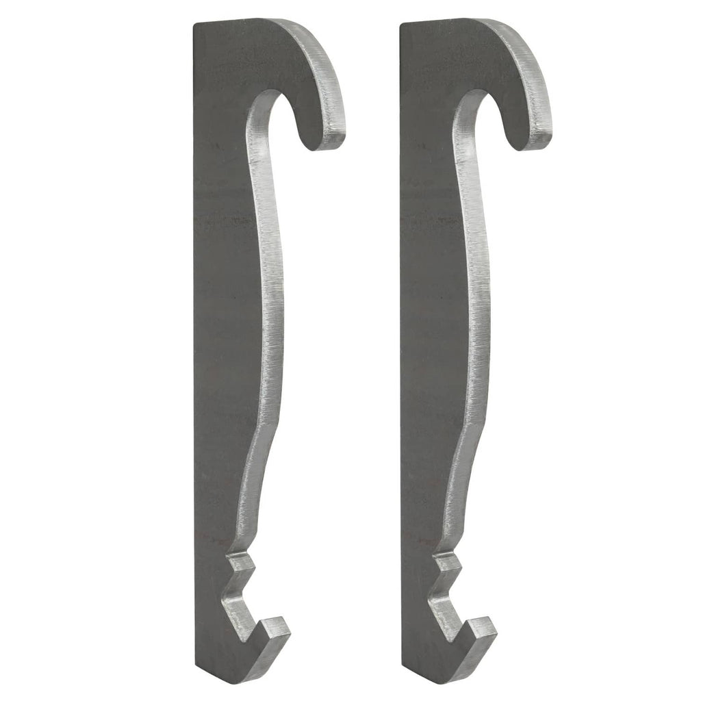 Pair of dark gray steel brackets with arched top slots and silver-toned edges