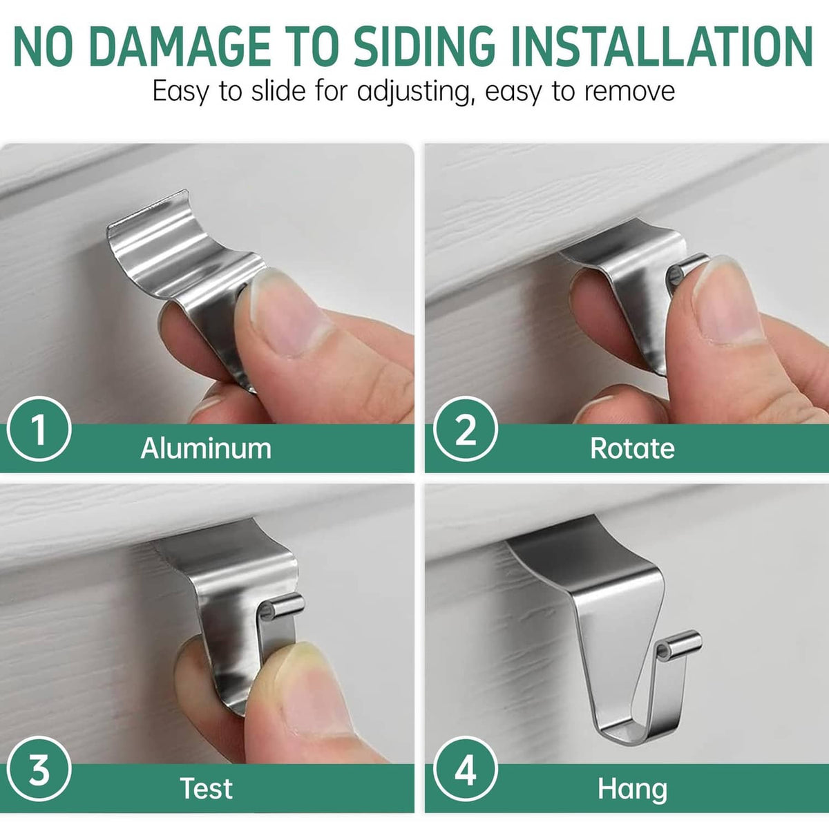 Vinyl siding hook installation clip in silver metal, hand rotates and hangs