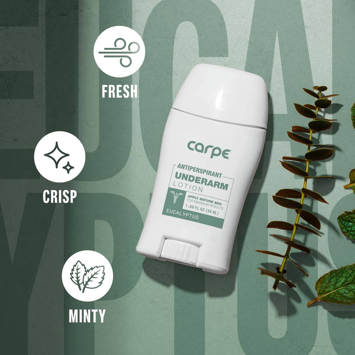 Carpe underarm antiperspirant lotion bottle with fresh crisp minty icons
