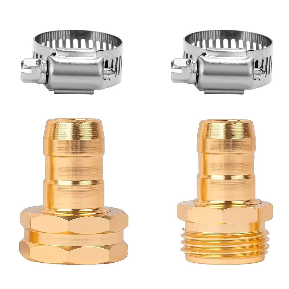 Brass garden hose repair connector with two metal band clamps and two male fittings