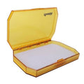 Yellow fly fishing box with clear lid and open ribbed compartment tray