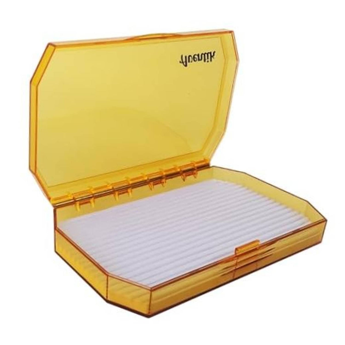 Yellow fly fishing box with clear lid and open ribbed compartment tray