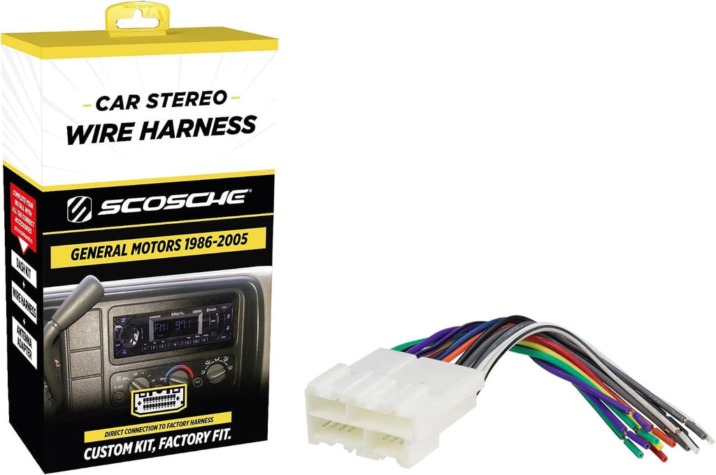 Scosche car stereo wiring harness with GM adapter connector and multicolor wires
