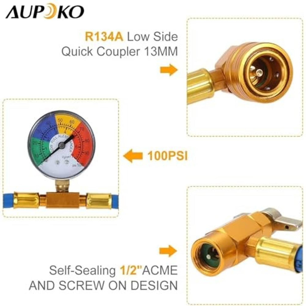 Refrigerant charging hose kit with brass quick coupler ends and pressure gauge