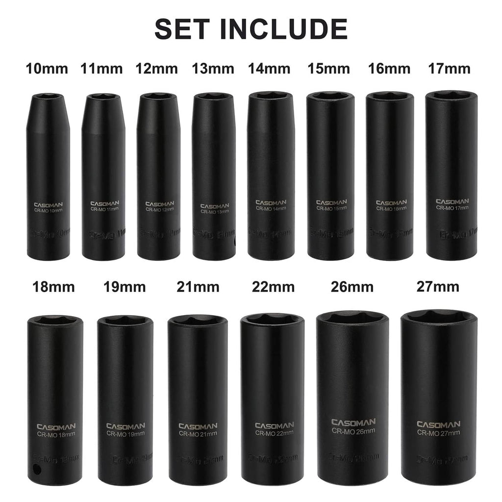 Black deep impact sockets set includes sizes 10mm to 27mm