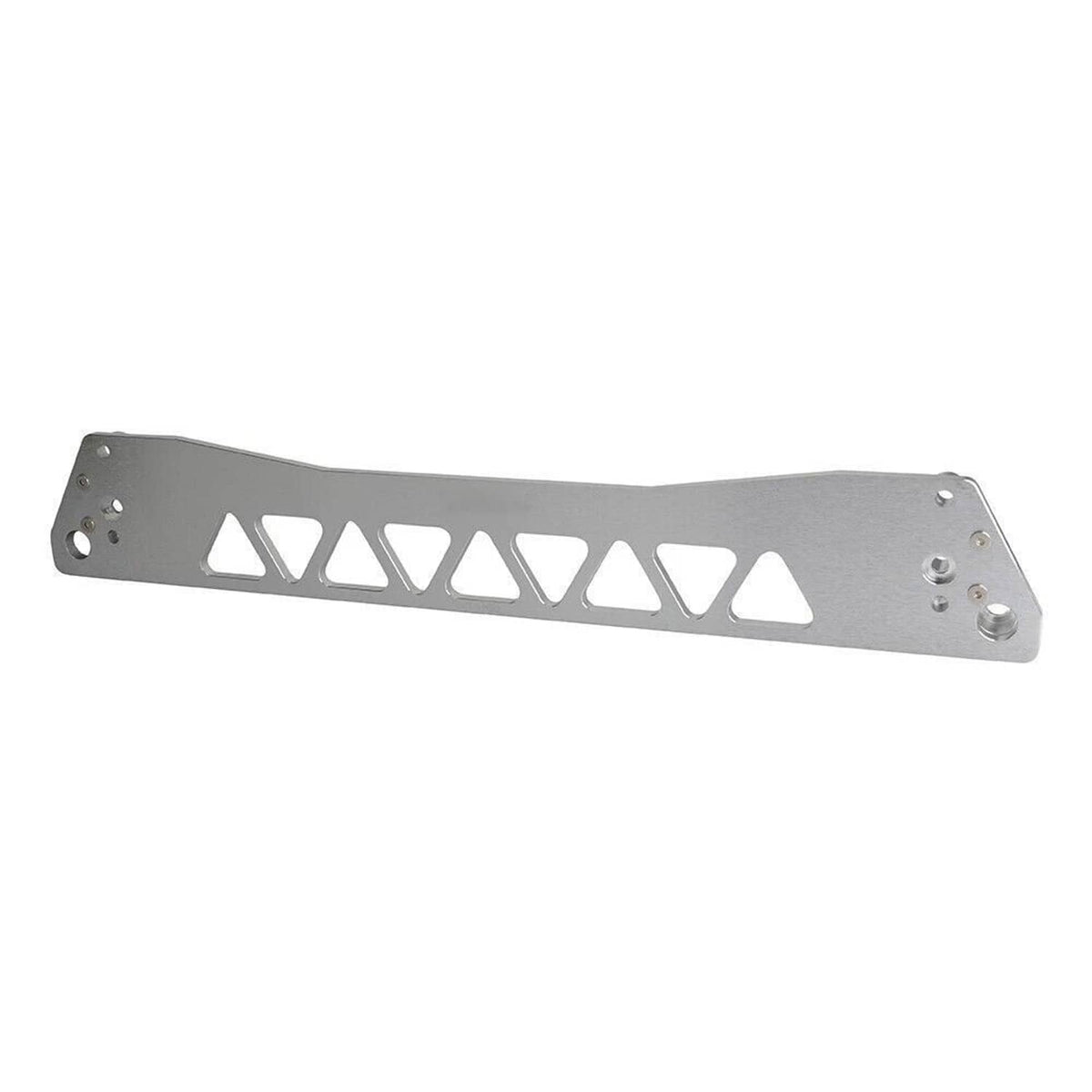 Silver subframe brace tie bar with triangular slots and bolt holes on both ends.