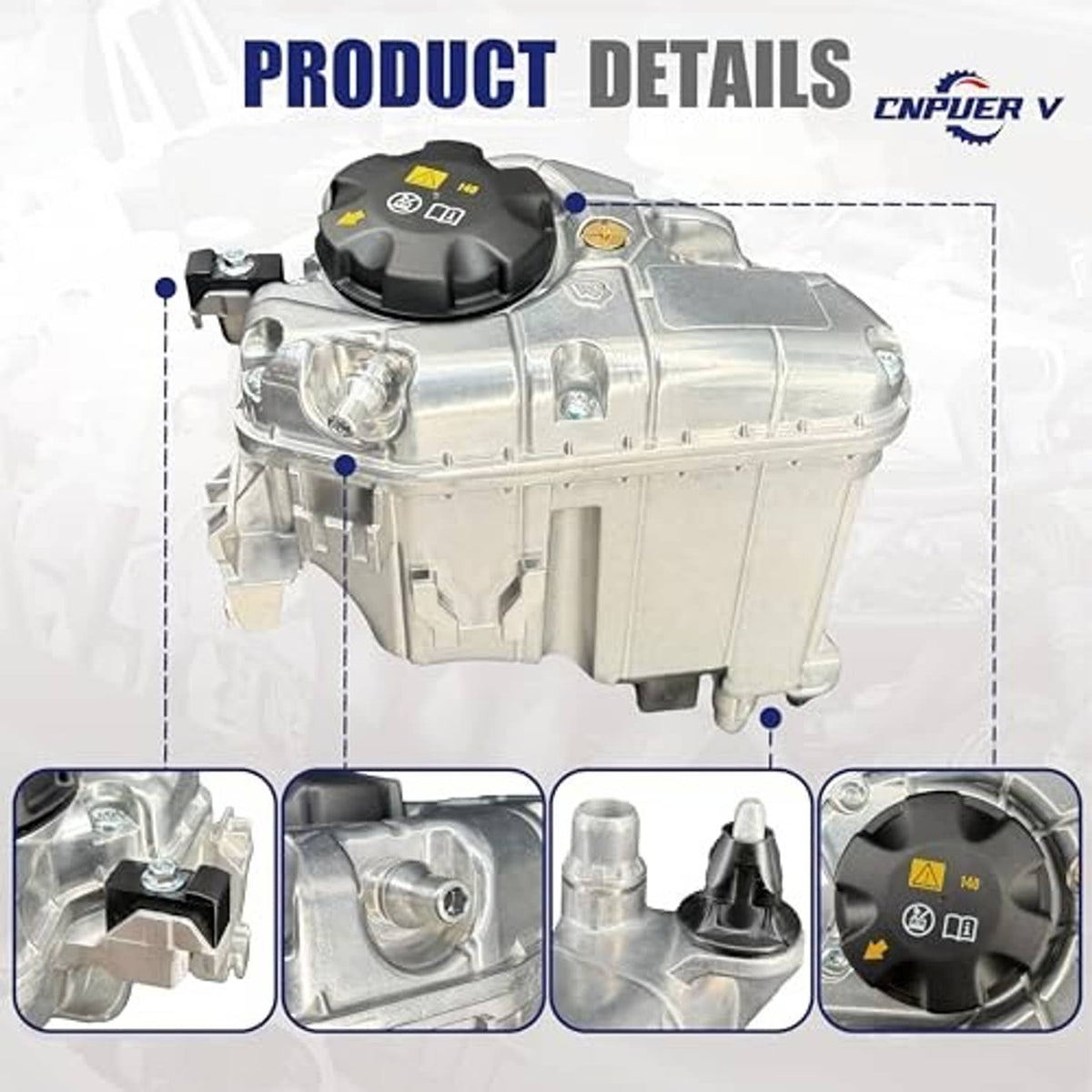 Coolant expansion tank with black cap and silver aluminum housing, product detail view