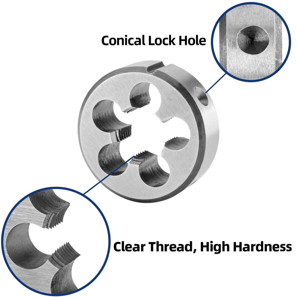 Left-hand die with conical lock hole, silver metal circular threading die