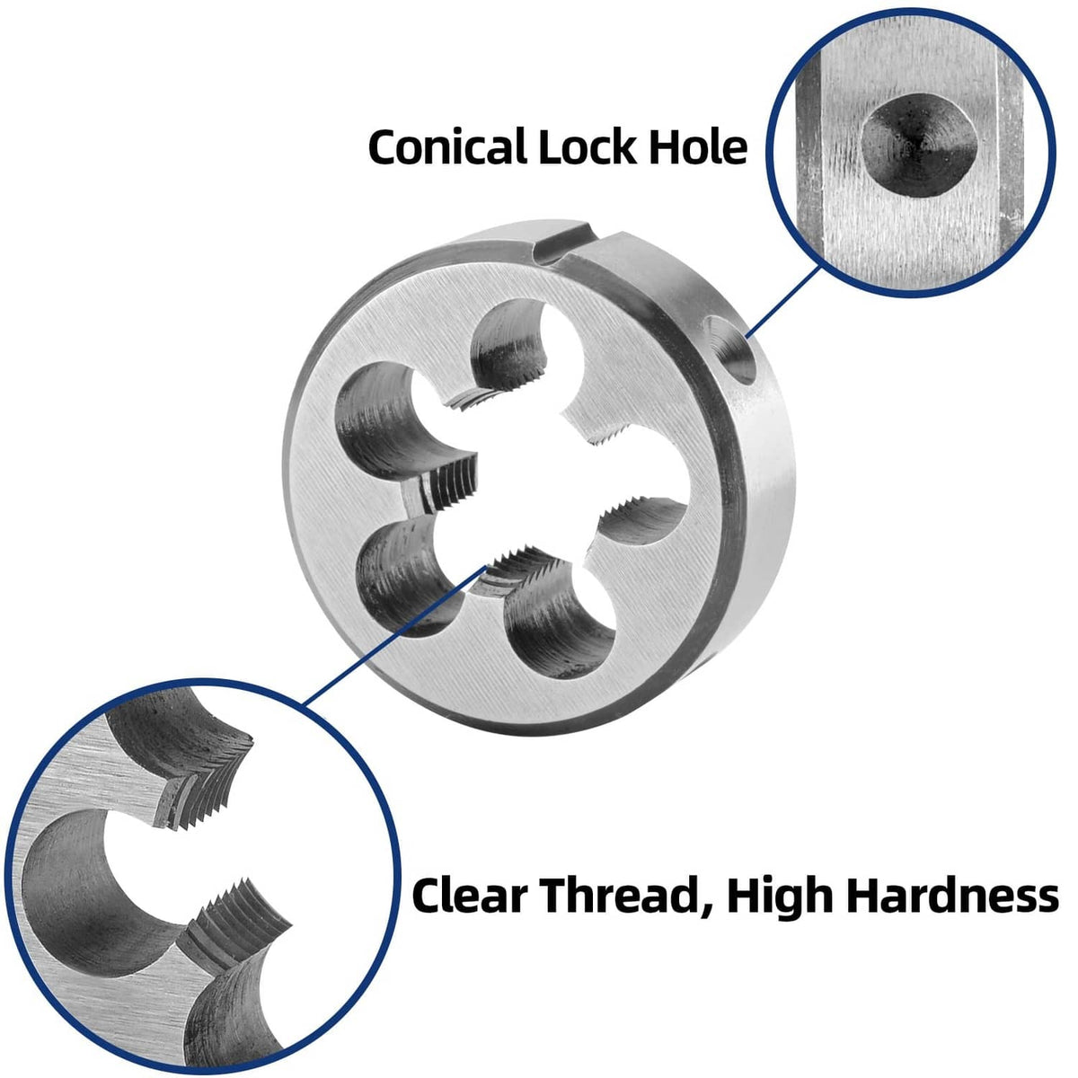 Left-hand die with conical lock hole, silver metal circular threading die