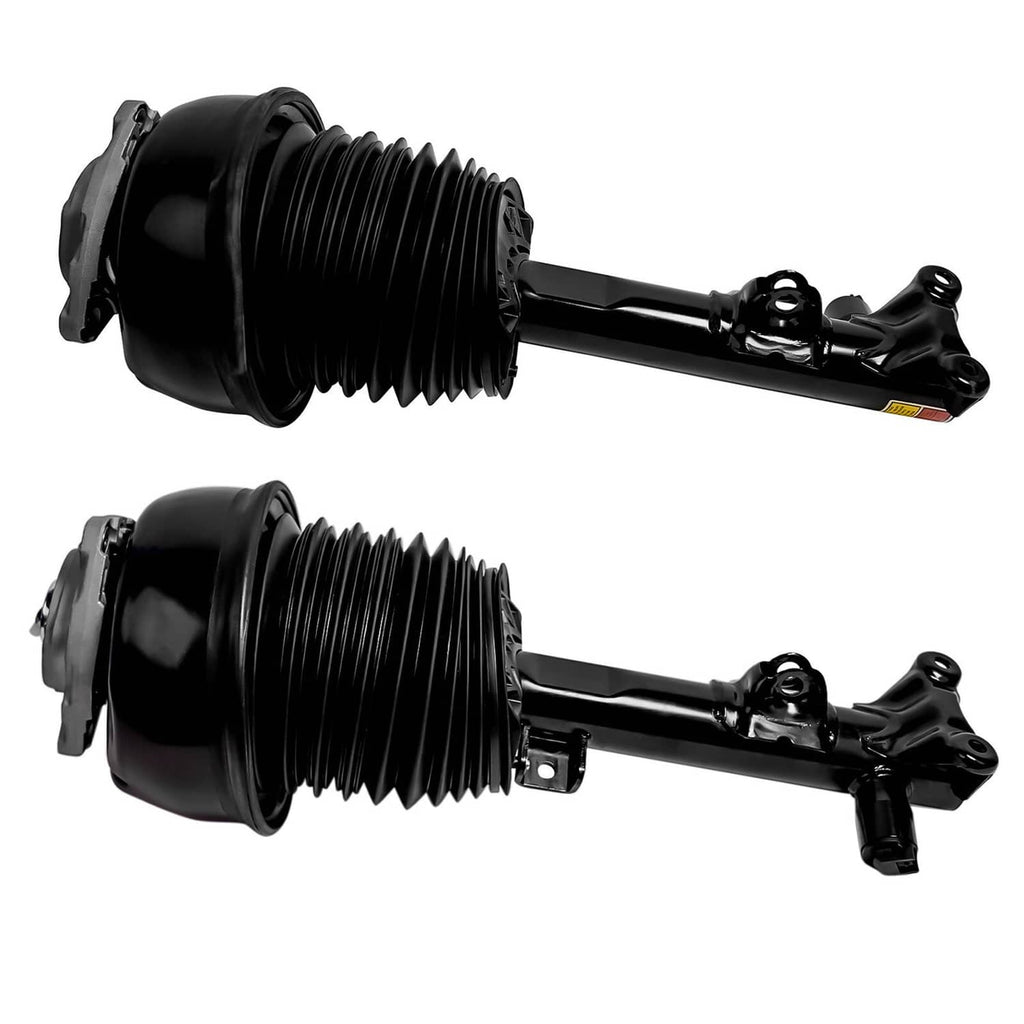 Front air suspension shock strut pair with ribbed black air springs and black support arms