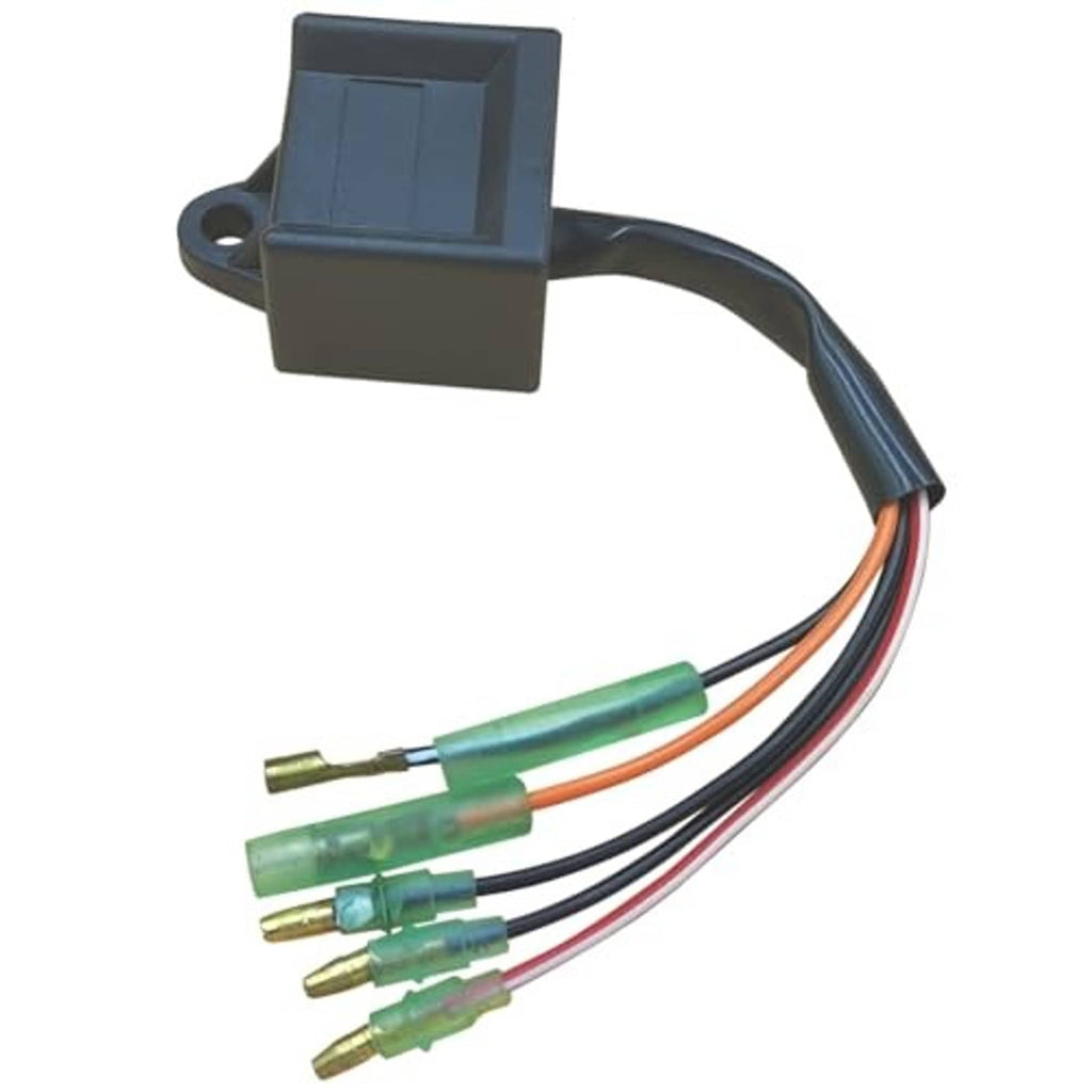 CDI ignition module with mounting tab and multicolor wire bundle, green terminal ends
