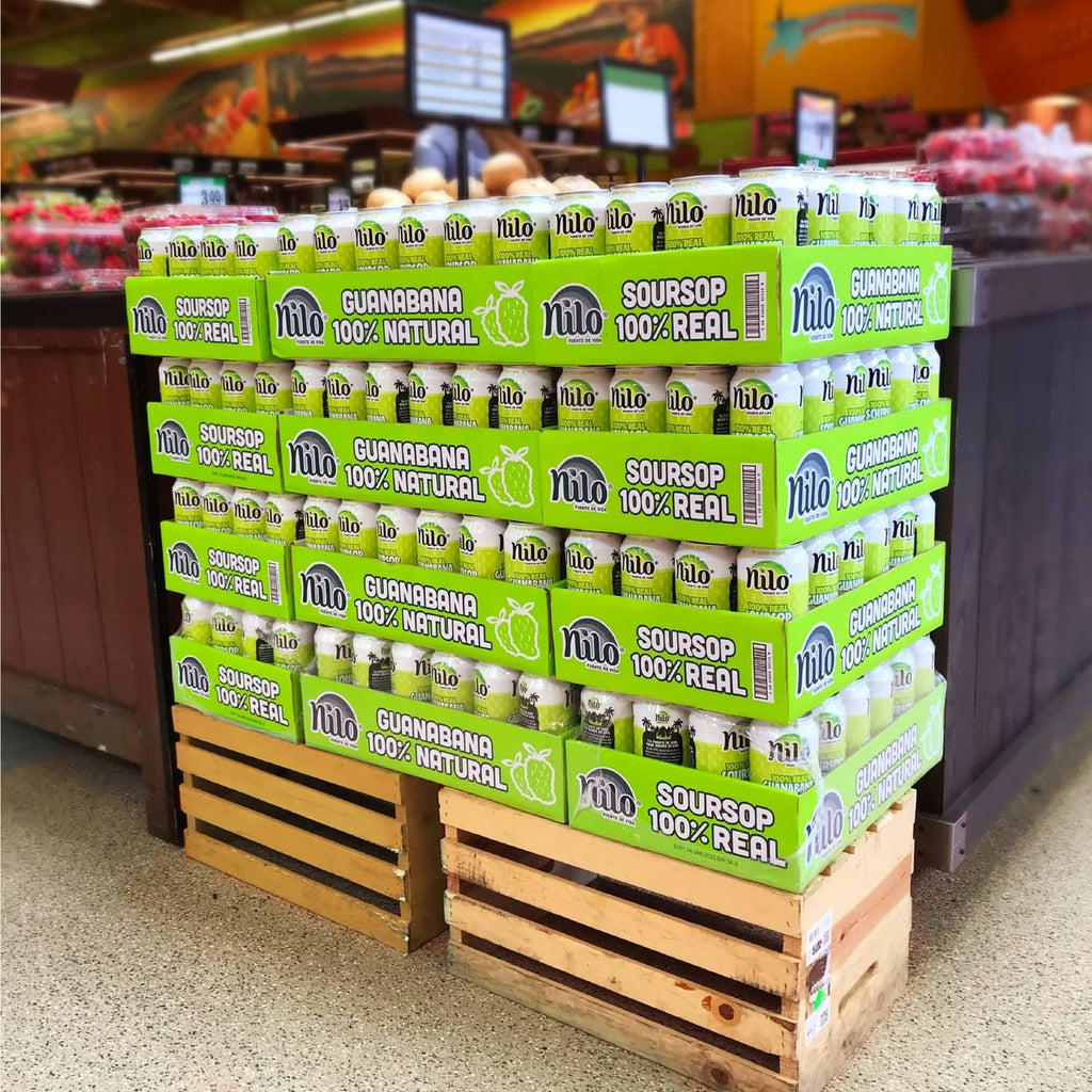 NILO soursop juice can multipack on wooden pallet display, green cartons