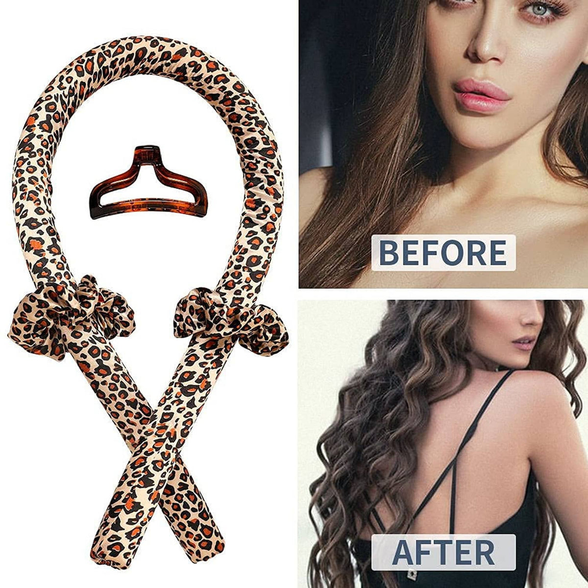 Leopard-print headband beside wavy curls shown before and after styling