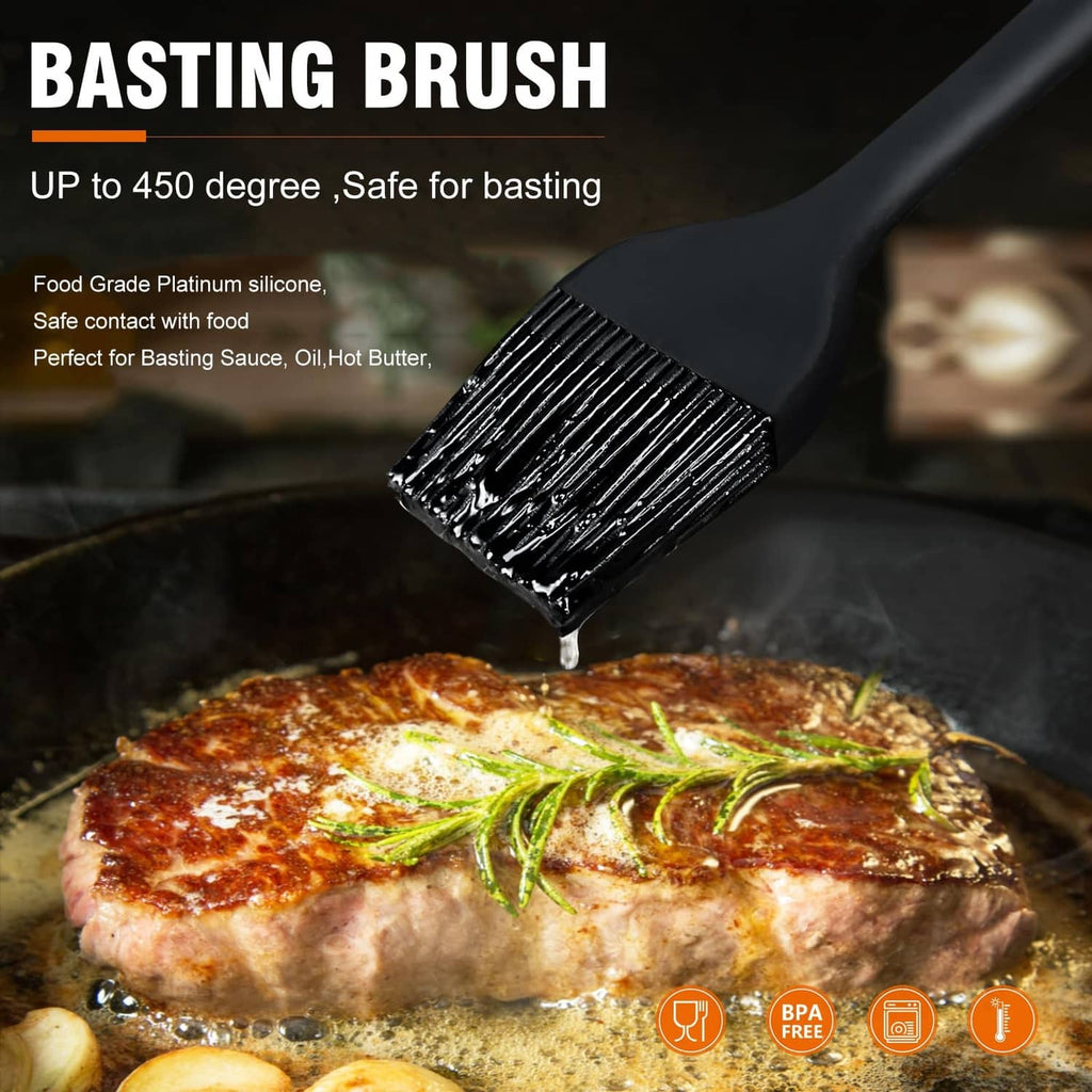 Black silicone basting brush brushing sauce onto meat, up to 450°F