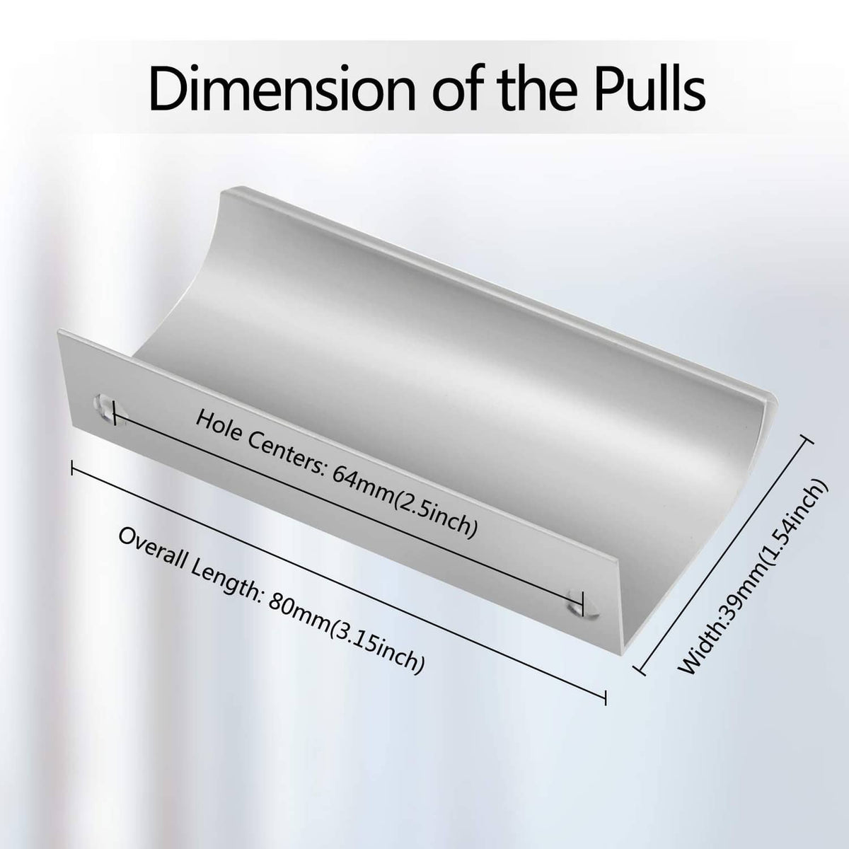 80mm aluminum hidden finger pull with hole-center and width dimension diagram