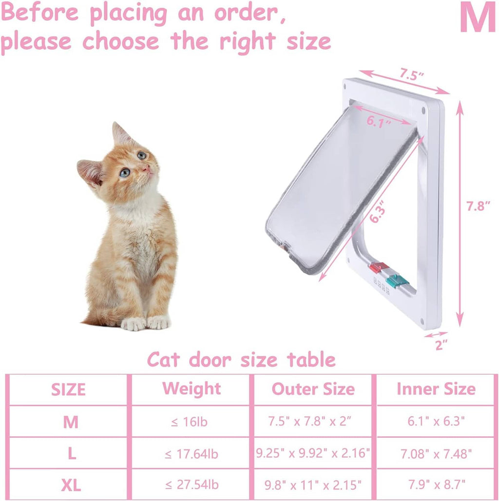 White cat door flap with size diagram showing outer and inner dimensions