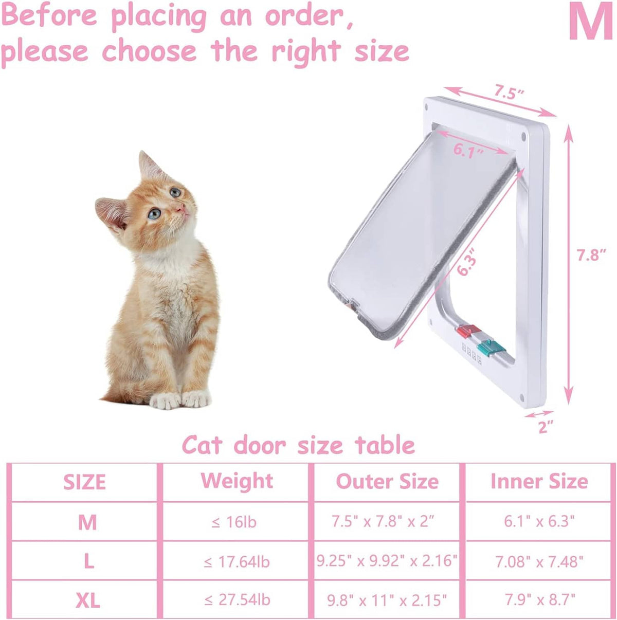White cat door flap with size diagram showing outer and inner dimensions