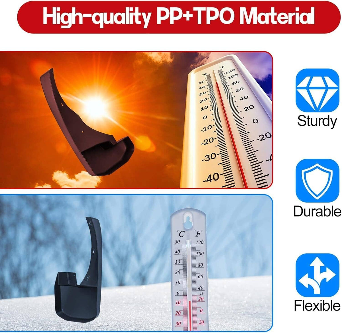 Black mud flaps with PP+TPO material and durability and flexibility icons