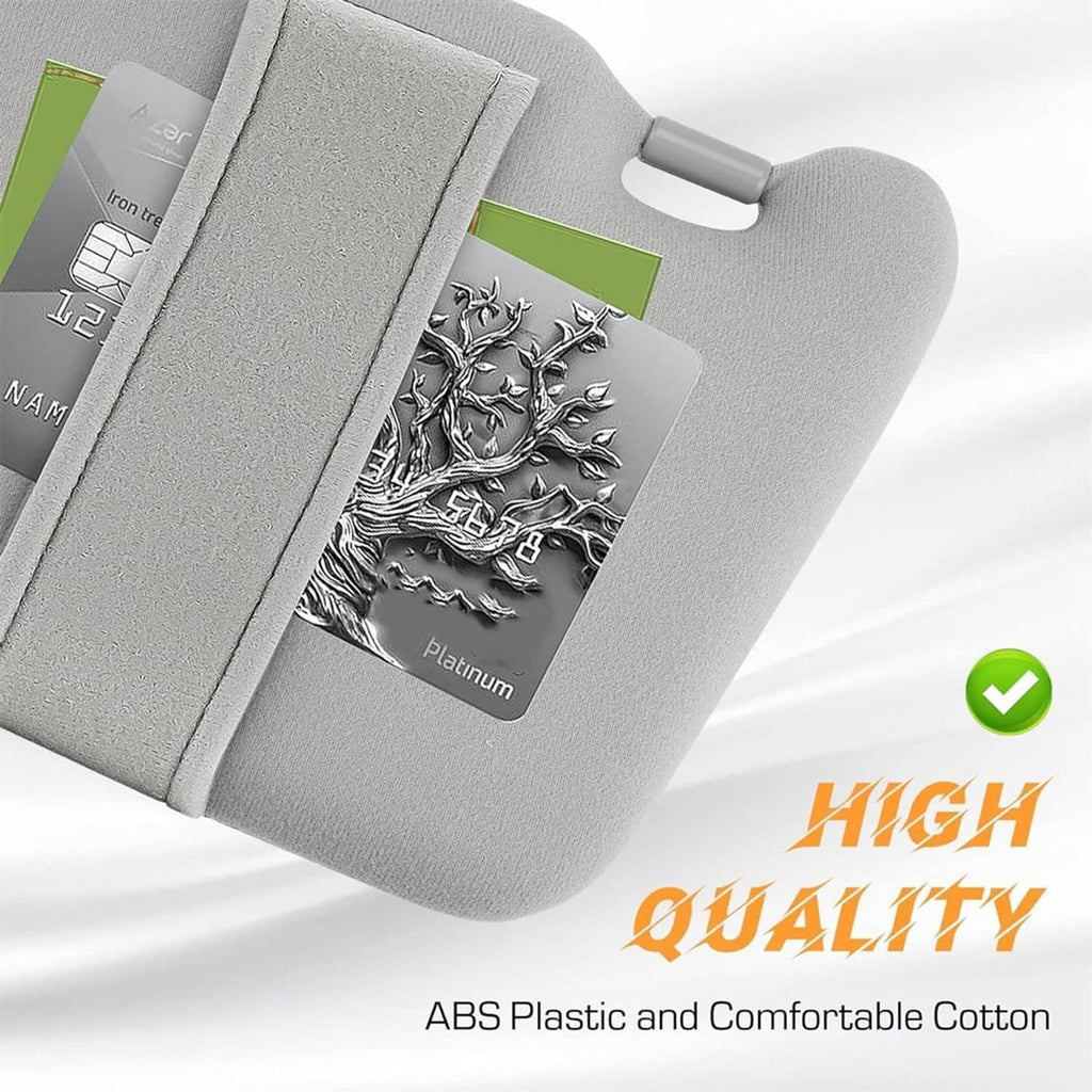 Gray sun visor panel with vanity mirror detail, ABS plastic and soft fabric lining