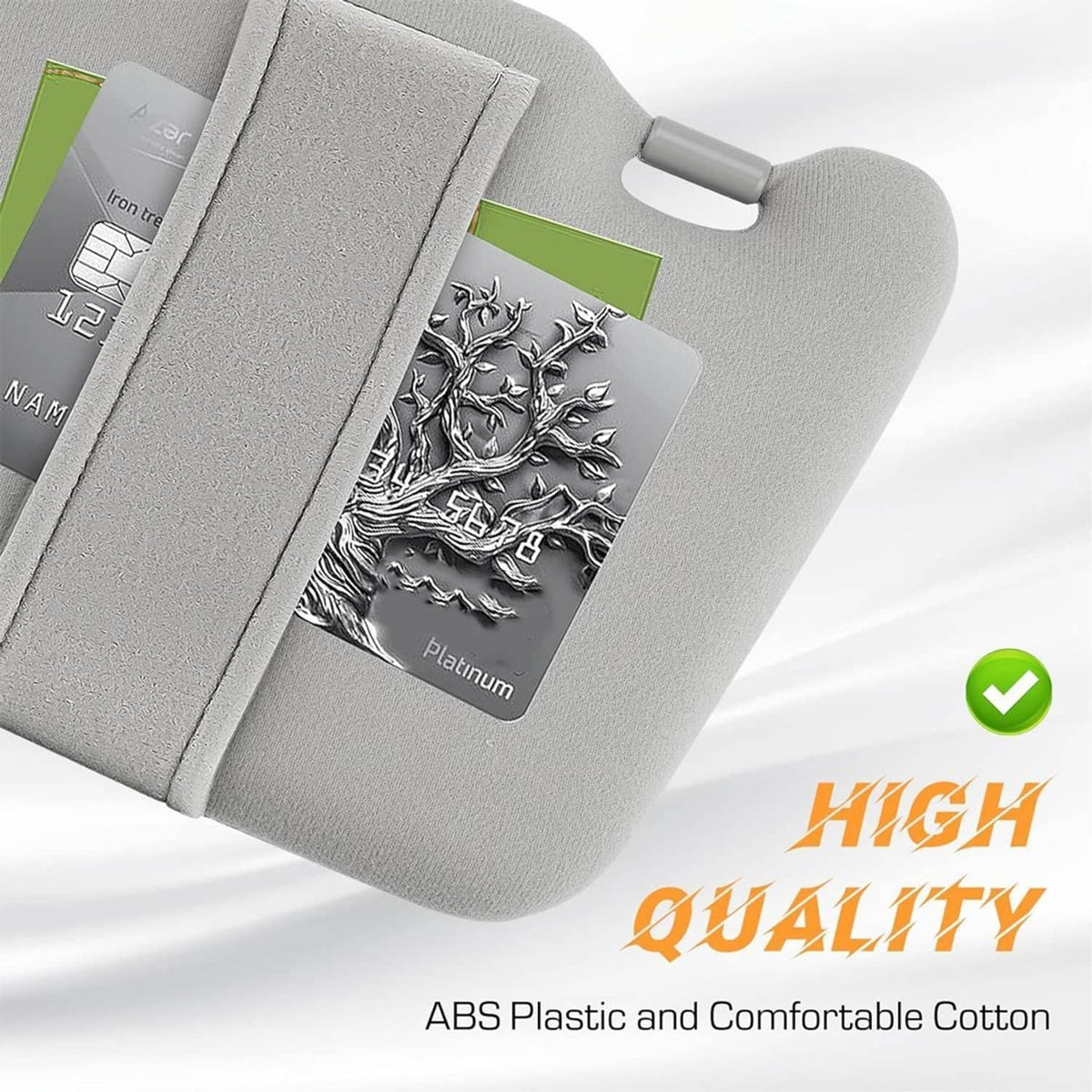 Gray sun visor panel with vanity mirror detail, ABS plastic and soft fabric lining