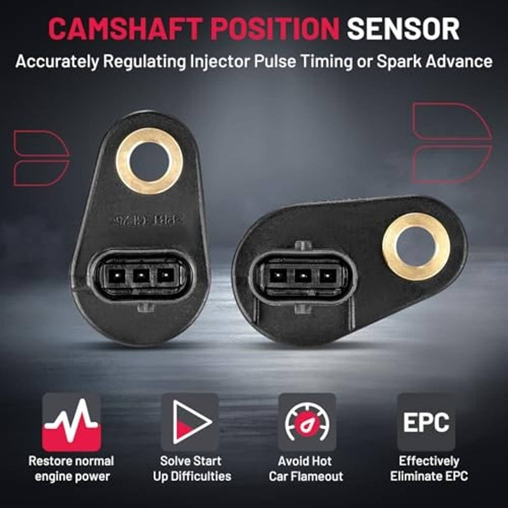 Camshaft position sensor pair with black 3-pin connectors and gold mounting rings