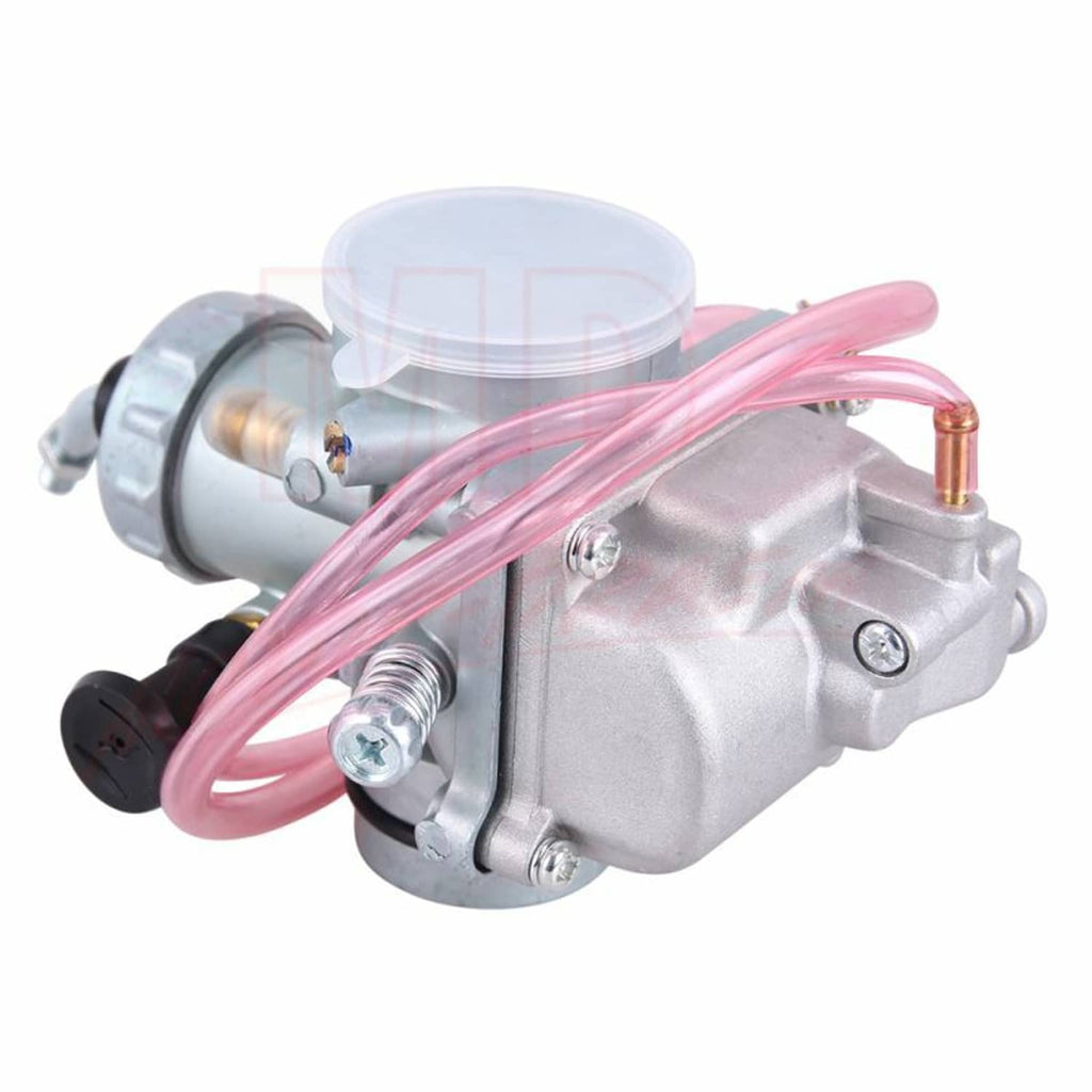 Carburetor with clear top cover, silver housing, and pink fuel line across front