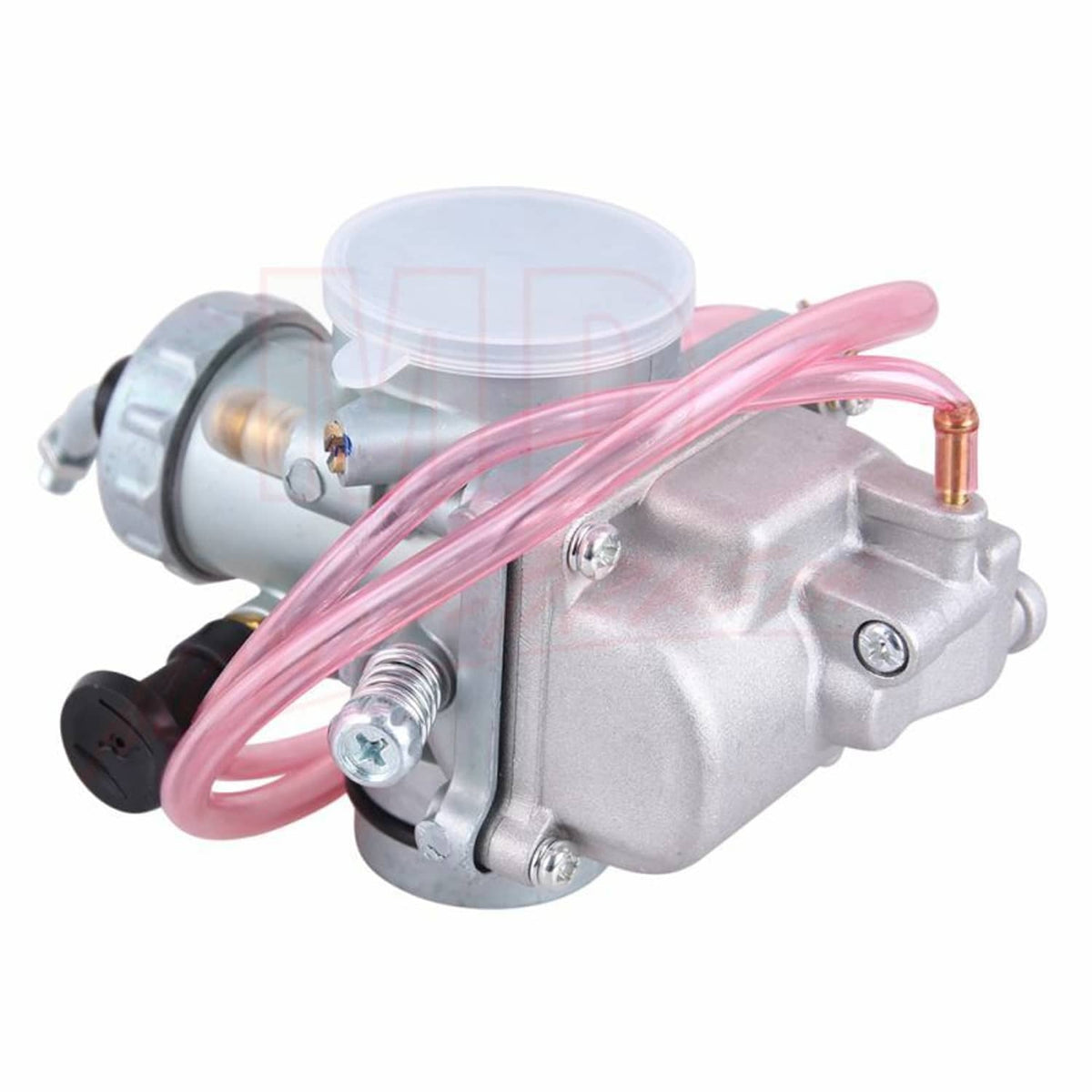 Carburetor with clear top cover, silver housing, and pink fuel line across front