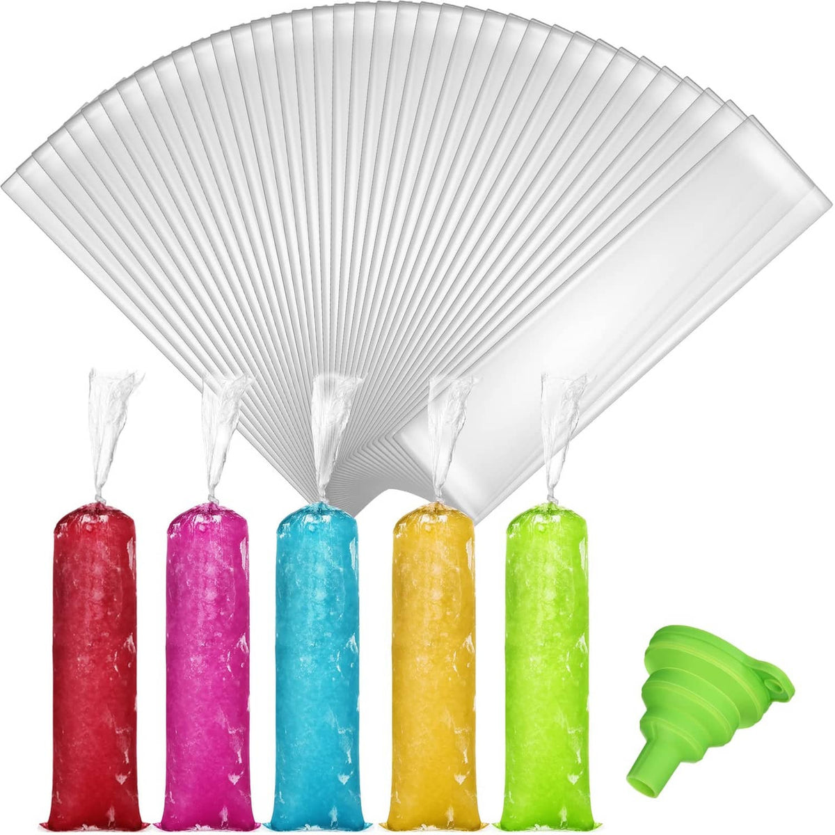 Colorful disposable plastic ice lolly mold bags with small caps, ready to fill