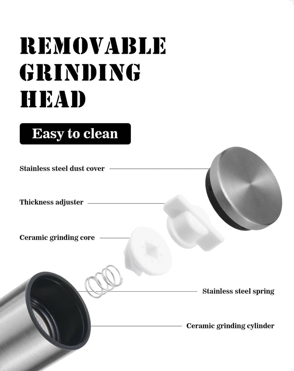 Removable grinding head parts for a stainless steel mini salt and pepper grinder