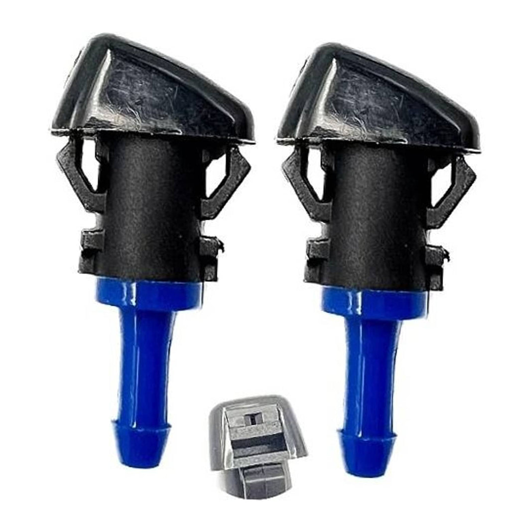 Windshield washer nozzle set (2), black housings with blue tubes and small connector