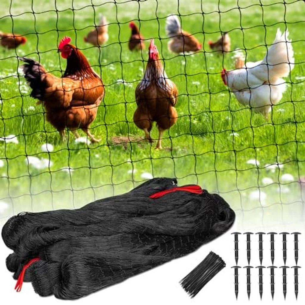 Black nylon bird netting roll with red ties and metal ground stakes, flat layout