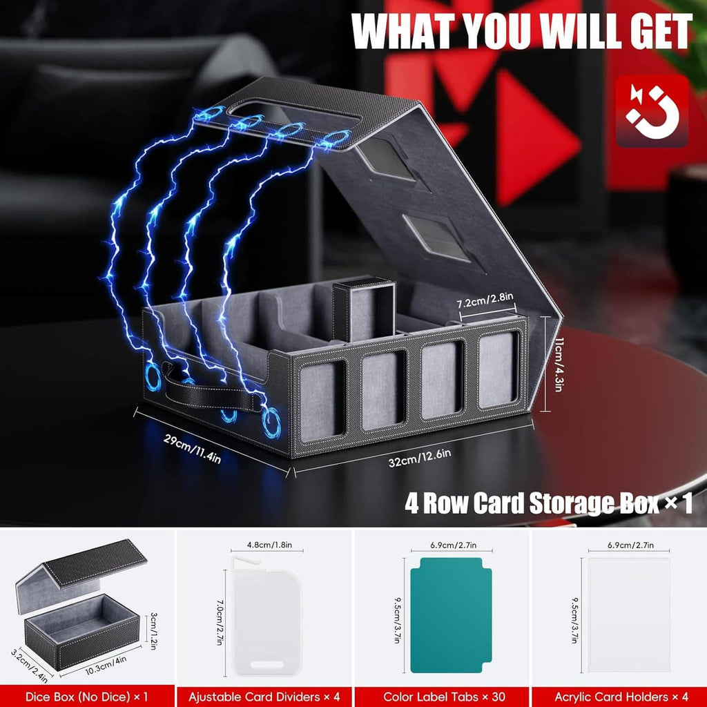 Gray card storage box with lid handle and multi-row compartments, shown open.