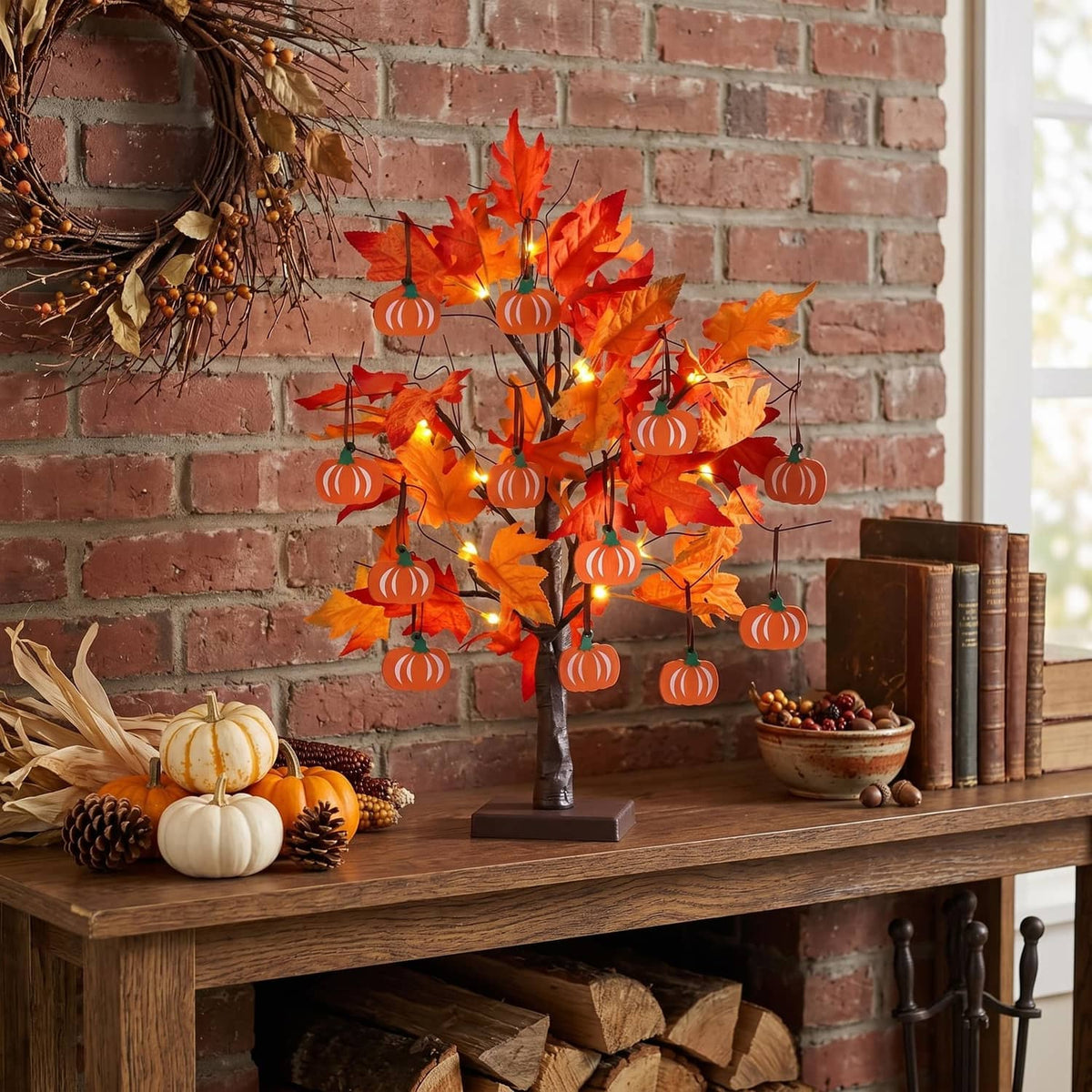 Decorative fall tree with orange maple leaves, warm LED lights, and hanging pumpkin ornaments