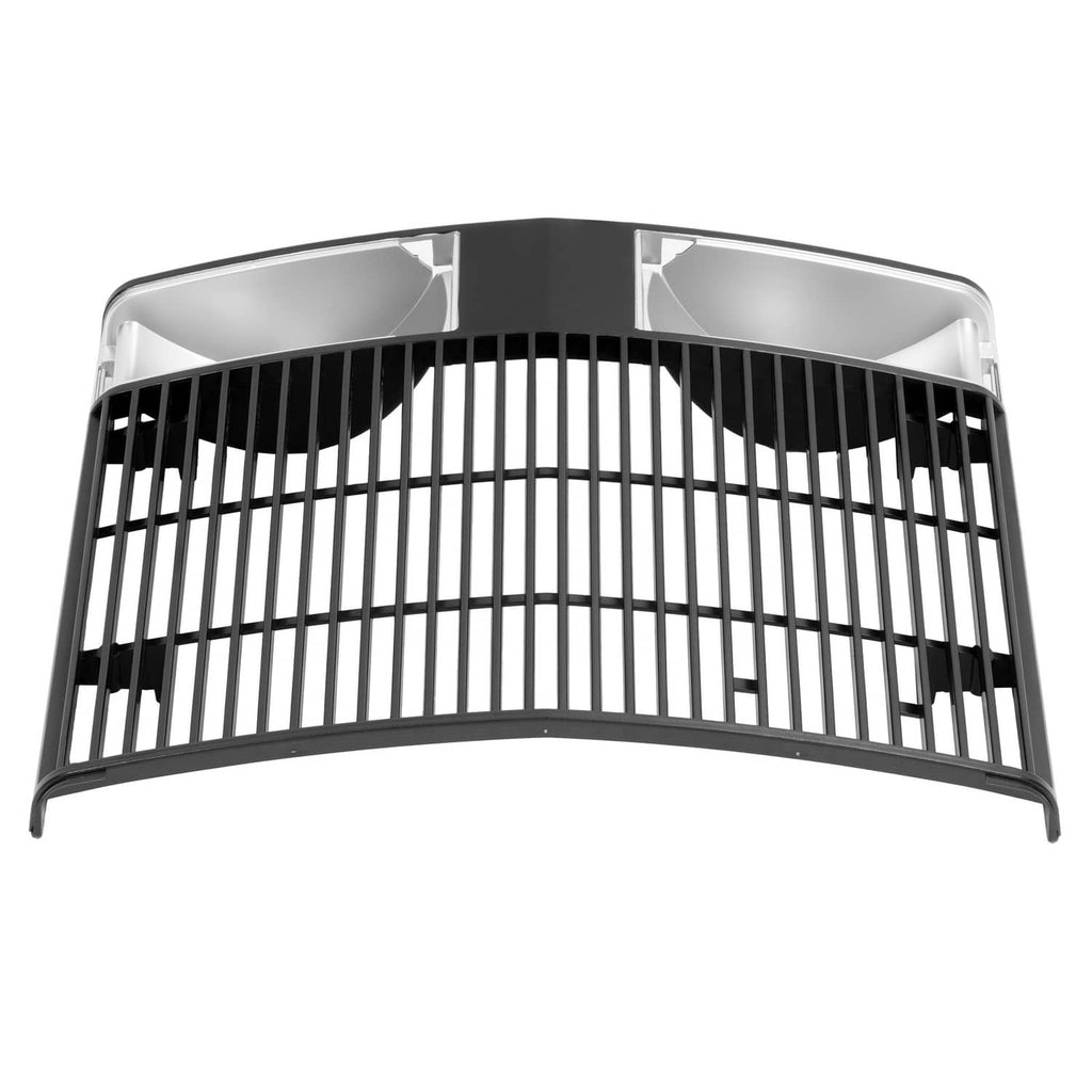 Curved tractor grille with white/metal bars and black outer frame