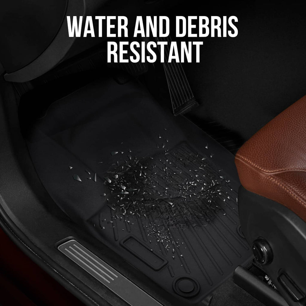 Black rubber floor mat with textured ridges helps trap water and debris