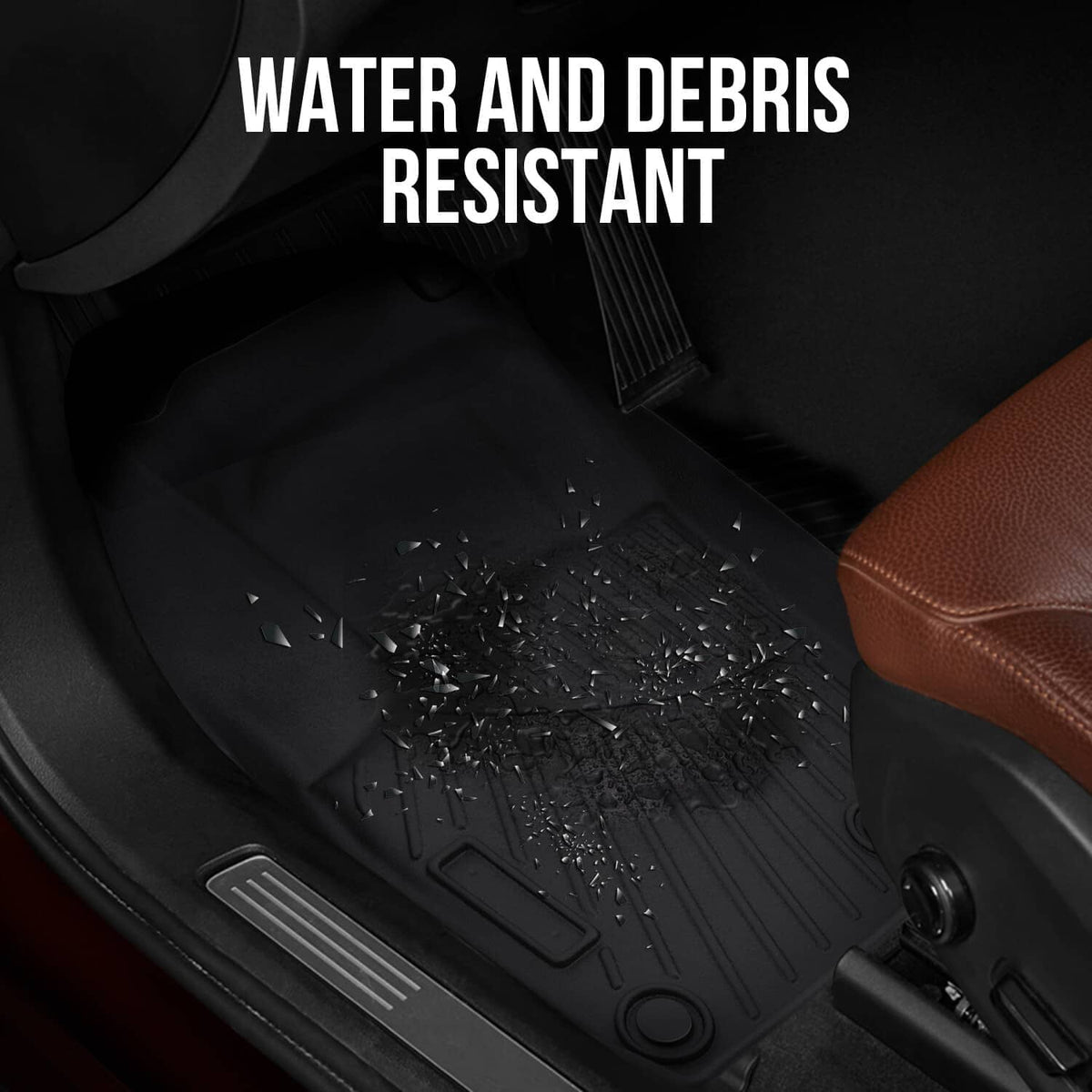 Black rubber floor mat with textured ridges helps trap water and debris