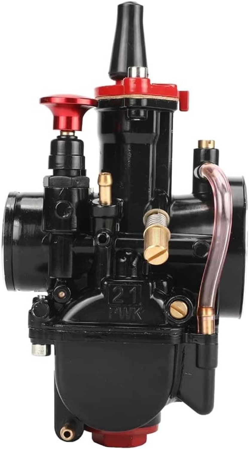 21mm motorcycle carburetor with red top clamp, black body, and side brass fittings