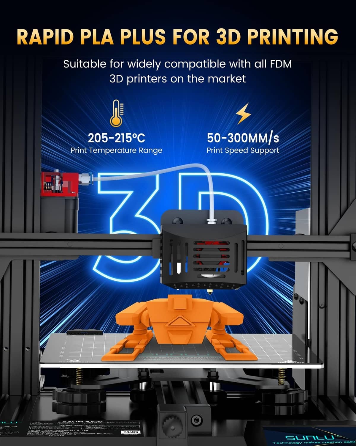 PLA+ filament for FDM 3D printing with orange print example and black printer parts.