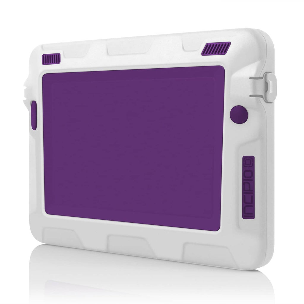Purple tablet case with white protective shell and rear access openings