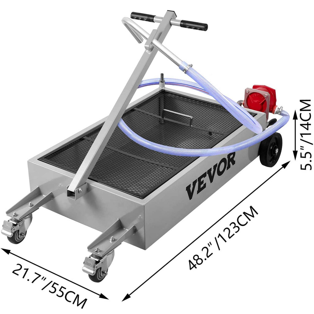 Oil drain pan cart with black mesh tray, blue hose loop, and red hand pump